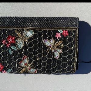 Mary Frances Black Clutch with Floral and Butterfly Design